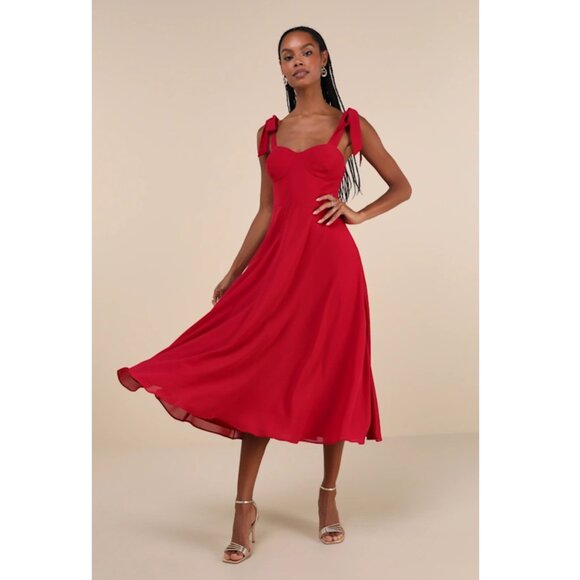 Lulus Sophisticated Charisma Berry Red Tie-Strap A-Line Midi Dress In Medium NWT - Picture 1 of 9